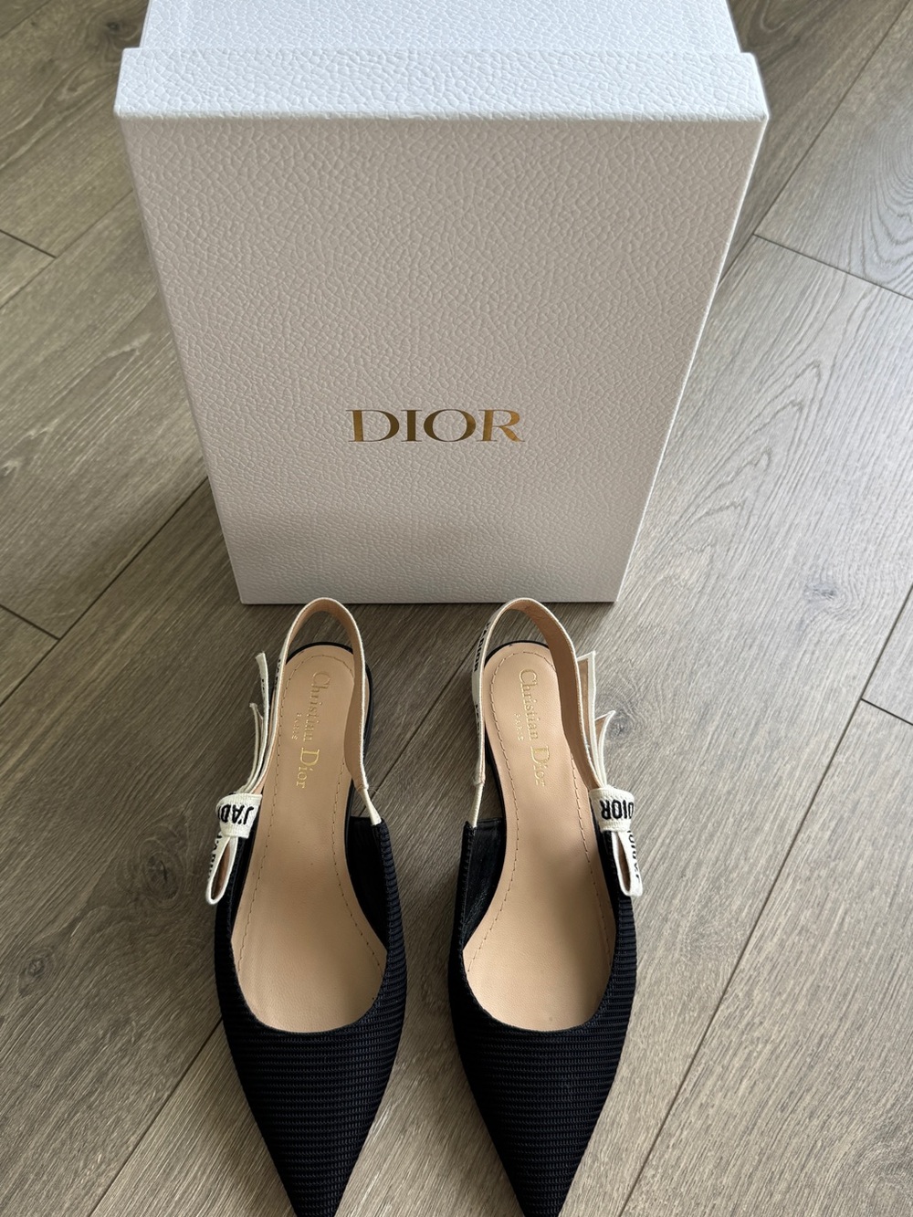 Dior Black Pointed Slingback Flats with Ivory Logo Strap. J'Adior Slingback Flat - Picture 4 of 7